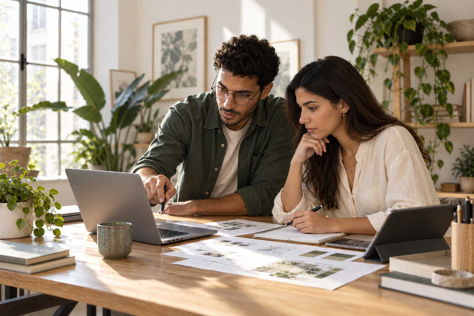 Two digital specialists actively planning a project together in a bright studio