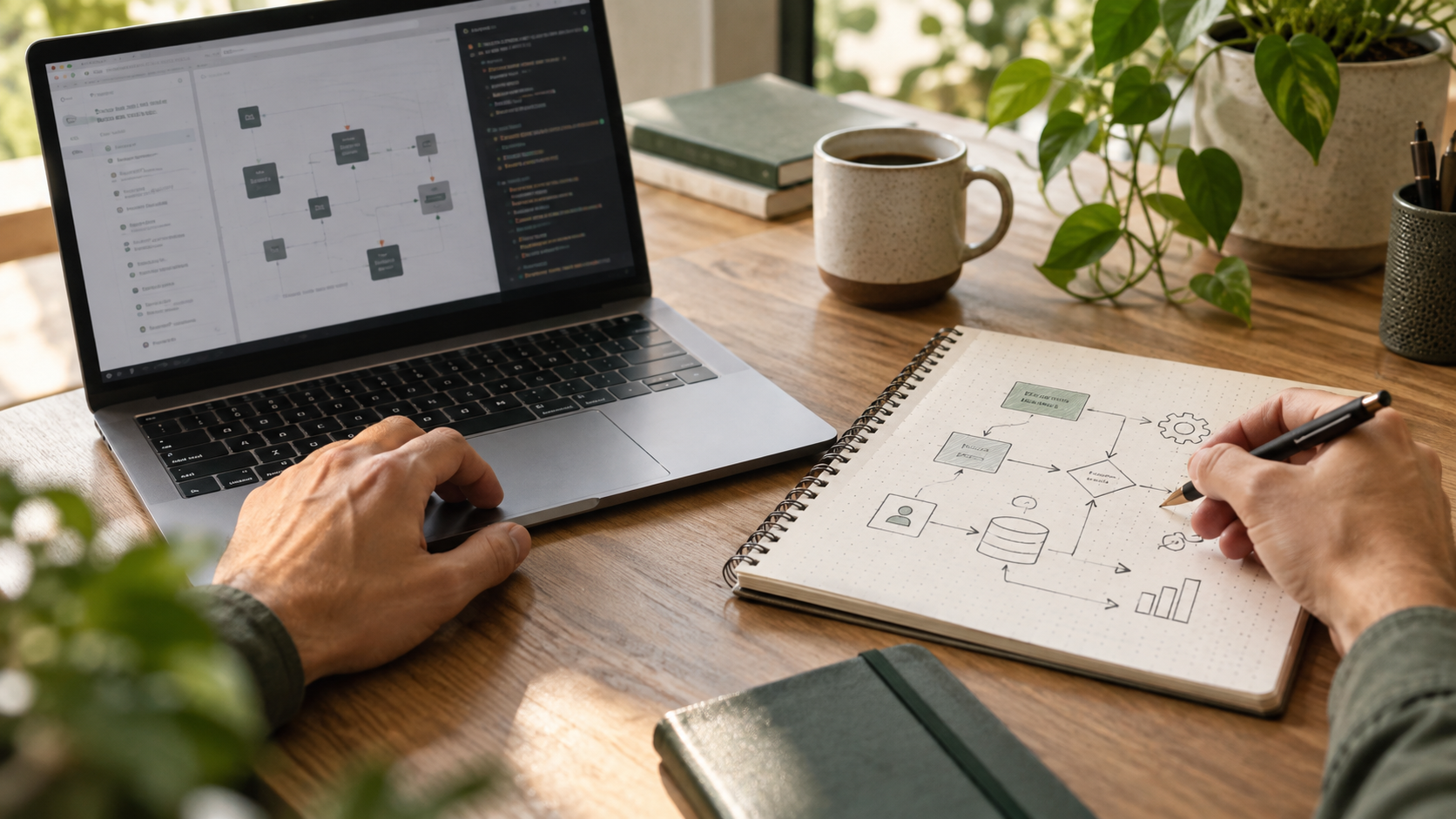 A practical AI workflow being planned beside a laptop